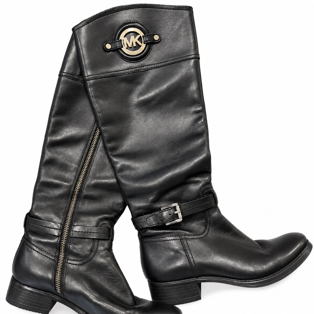 Michael Kors Black Leather Knee-High Riding Boots Gold MK Logo – Women’s 7M